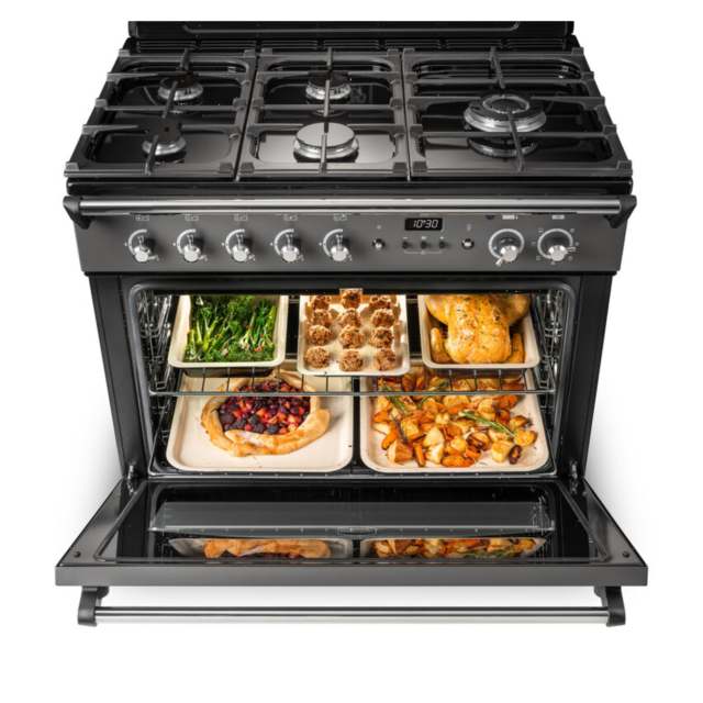 Rangemaster CLAS90FXDFFBL/B Classic FX 90cm Dual Fuel Cooker, Black, Brass Trim