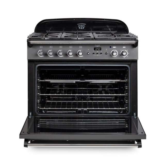 Rangemaster CLAS90FXDFFBL/B Classic FX 90cm Dual Fuel Cooker, Black, Brass Trim