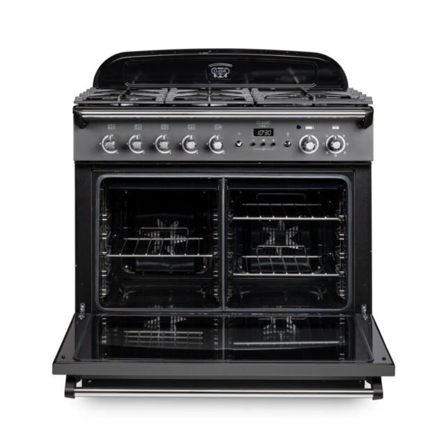 Rangemaster CLAS90FXDFFBL/B Classic FX 90cm Dual Fuel Cooker, Black, Brass Trim