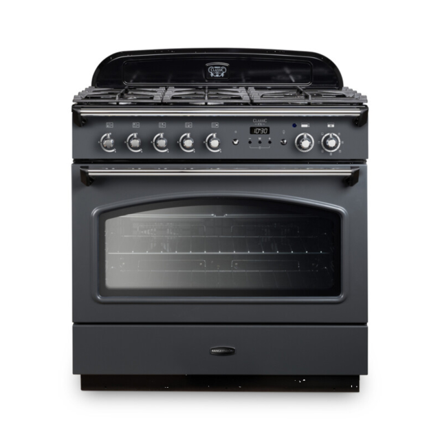 Rangemaster CLAS90FXDFFSL/C Classic FX 90cm Dual Fuel Cooker, Slate, Chrome Trim