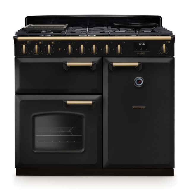 Rangemaster CLDL100DFPCBL/AB1 Classic Deluxe 100cm Dual Fuel Charcoal Black/Antique Brass