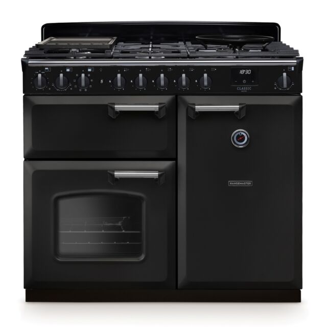 Rangemaster CLDL100DFPCBL/CM1 Classic Deluxe 100cm Dual Fuel Charcoal Black/Chrome