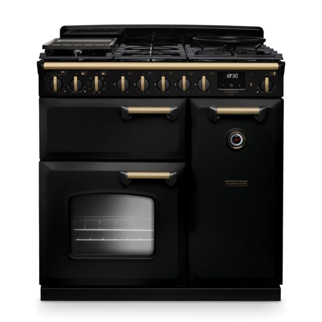 Rangemaster CLDL90DFPGBL/AB1 Classic Deluxe 90cm Dual Fuel Black/Antique Brass