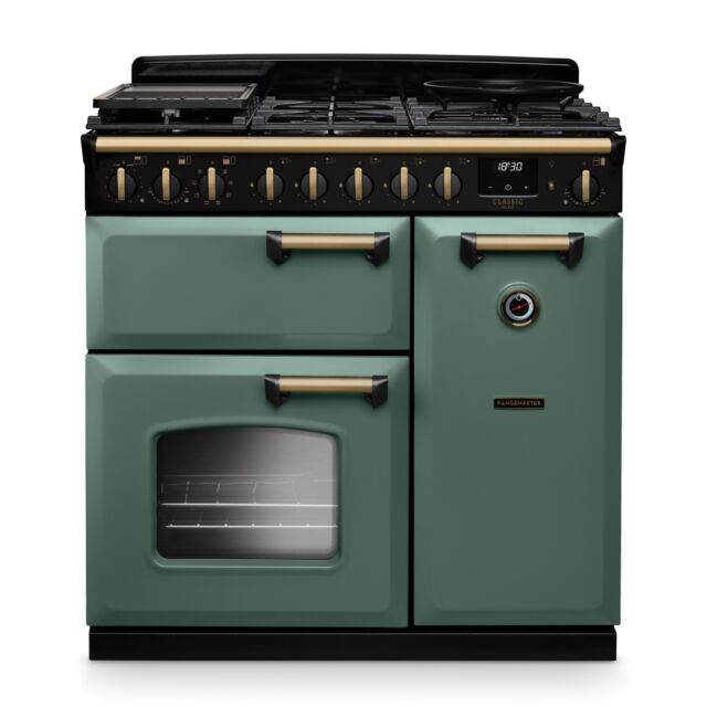 Rangemaster CLDL90DFPMGR/AB1 Classic Deluxe 90cm Dual Fuel Mineral Green/Antique Brass