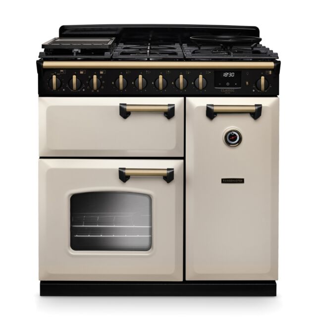 Rangemaster CLDL90DFPPCR/AB1 Classic Deluxe 90cm Dual Fuel Pale Cream/Antique Brass
