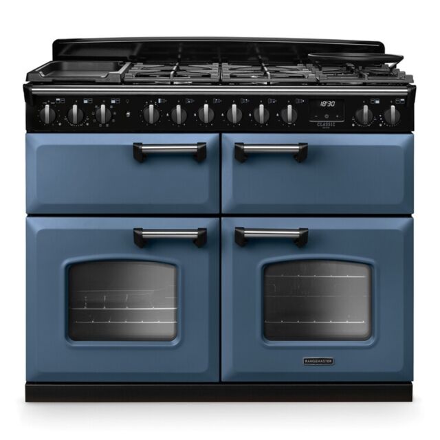 Rangemaster CLDLB110DFPSTB/CM1 Classic Deluxe 110cm BC Dual Fuel Stone Blue/Chrome