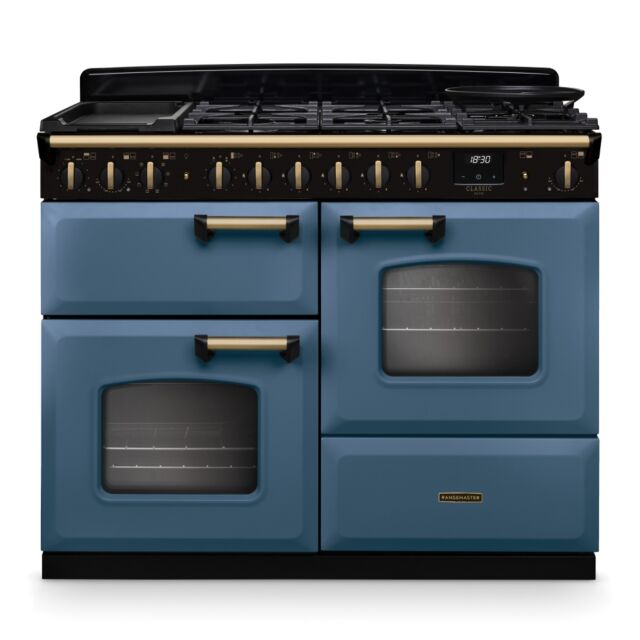 Rangemaster CLDLO110DFPSTB/AB1 Classic Deluxe 110cm OC Dual Fuel Stone Blue/Antique Brass