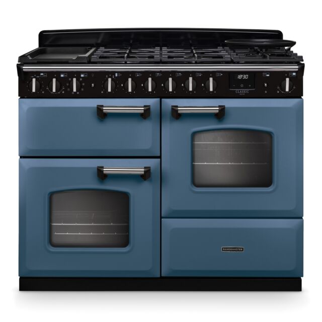 Rangemaster CLDLO110DFPSTB/CM1 Classic Deluxe 110cm OC Dual Fuel Stone Blue/Chrome