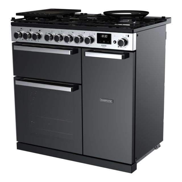 Rangemaster EDDL90DFGBLK/CM1 Edge Deluxe 90cm Dual Fuel Range Cooker, Black Glass/Chrome