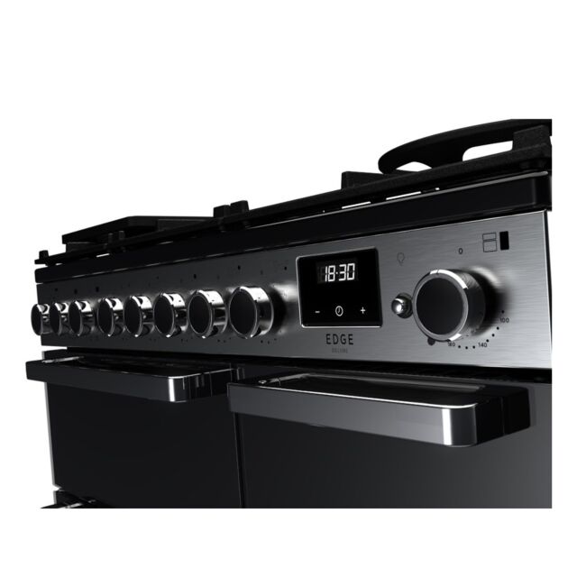 Rangemaster EDDL90DFGBLK/CM1 Edge Deluxe 90cm Dual Fuel Range Cooker, Black Glass/Chrome