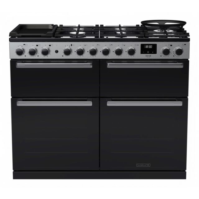 Rangemaster EDDLB110DFGBLK/CM1 Edge Deluxe 110cm Dual Fuel Range Cooker, Black Glass/Chrome