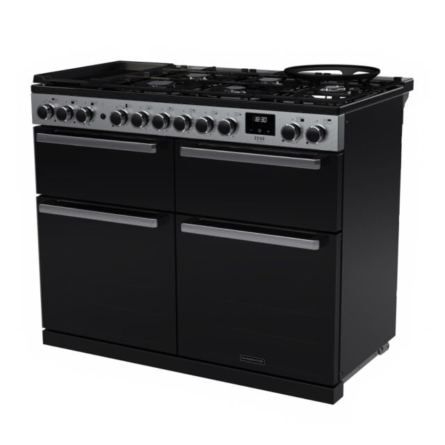 Rangemaster EDDLB110DFGBLK/CM1 Edge Deluxe 110cm Dual Fuel Range Cooker, Black Glass/Chrome