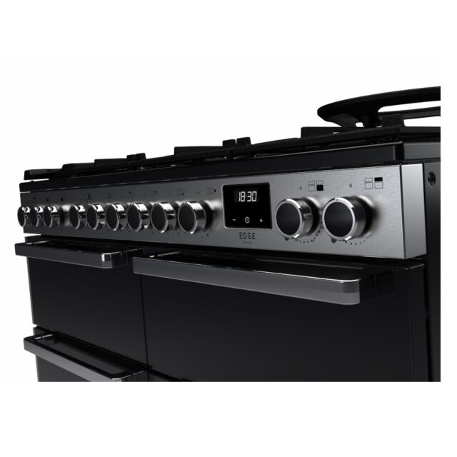 Rangemaster EDDLB110DFGBLK/CM1 Edge Deluxe 110cm Dual Fuel Range Cooker, Black Glass/Chrome