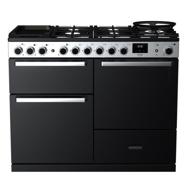 Rangemaster EDDLO110DFGBLK/CM1 Edge Deluxe 110cm Dual Fuel Range Cooker. Black Glass/Chrome