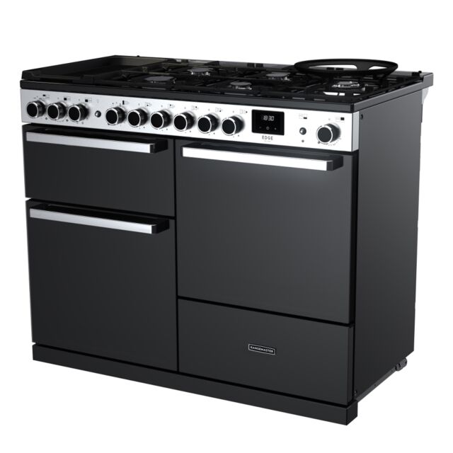 Rangemaster EDDLO110DFGBLK/CM1 Edge Deluxe 110cm Dual Fuel Range Cooker. Black Glass/Chrome