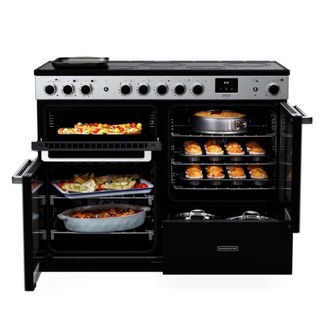 Rangemaster EDDLO110DFGBLK/CM1 Edge Deluxe 110cm Dual Fuel Range Cooker. Black Glass/Chrome