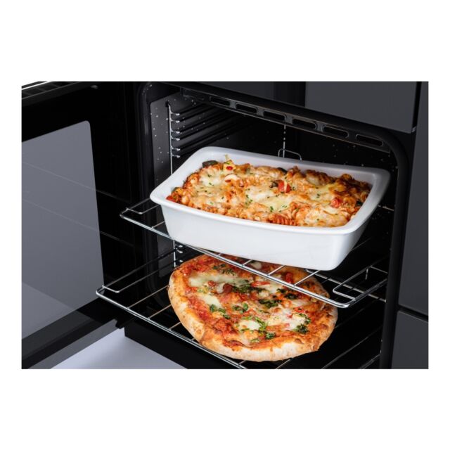 Rangemaster EDDLO110DFGBLK/CM1 Edge Deluxe 110cm Dual Fuel Range Cooker. Black Glass/Chrome
