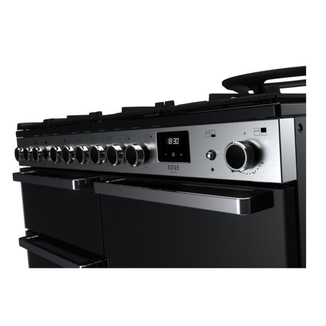 Rangemaster EDDLO110DFGBLK/CM1 Edge Deluxe 110cm Dual Fuel Range Cooker. Black Glass/Chrome