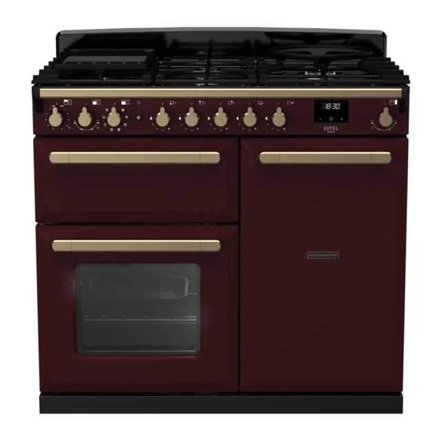 Rangemaster ESDL100DFPBOR/AB1 Estel Deluxe 100cm Dual Fuel Range Cooker, Bordeaux/Antique Brass