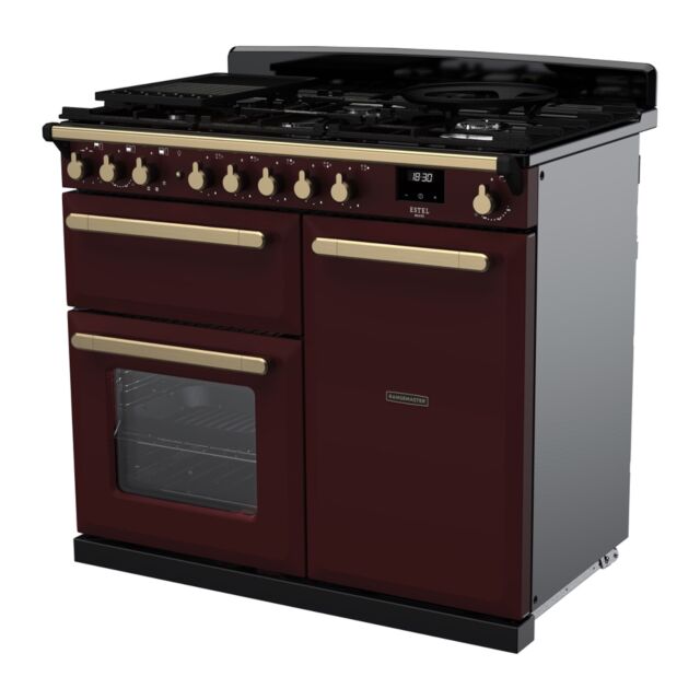 Rangemaster ESDL100DFPBOR/AB1 Estel Deluxe 100cm Dual Fuel Range Cooker, Bordeaux/Antique Brass