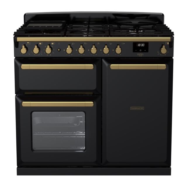 Rangemaster ESDL100DFPGBL/AB1 Estel Deluxe 100cm Dual Fuel Range Cooker, Black/Antique Brass