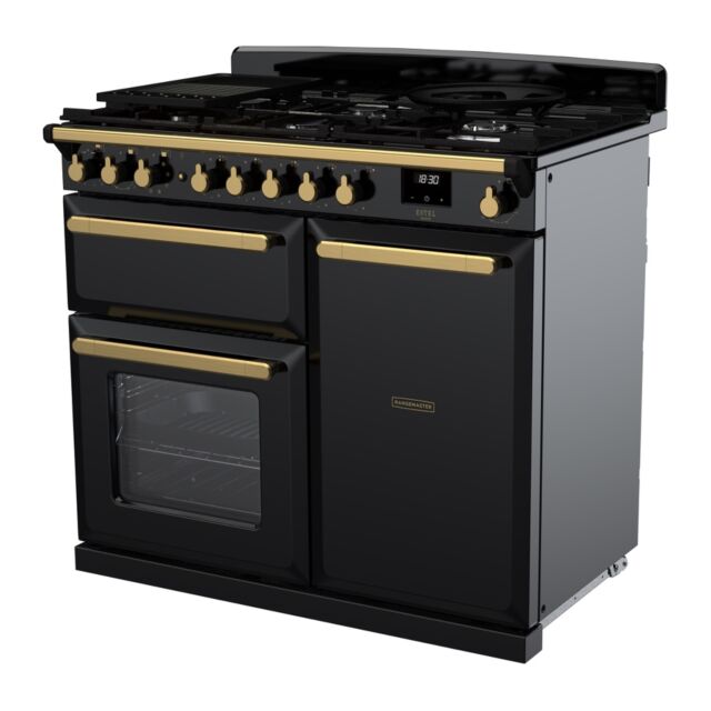 Rangemaster ESDL100DFPGBL/AB1 Estel Deluxe 100cm Dual Fuel Range Cooker, Black/Antique Brass