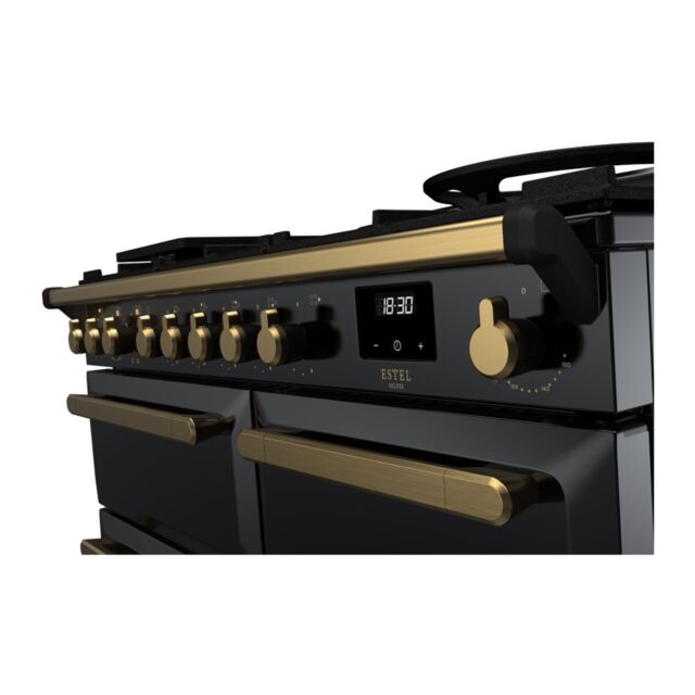 Rangemaster ESDL100DFPGBL/AB1 Estel Deluxe 100cm Dual Fuel Range Cooker, Black/Antique Brass