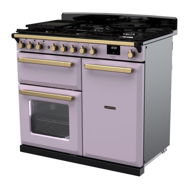 Rangemaster ESDL100DFPHTH/AB1 Estel Deluxe 100cm Dual Fuel Range Cooker, Heather/Antique Brass