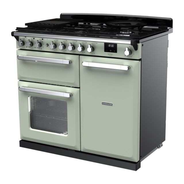 Rangemaster ESDL100DFPMNT/CM1 Estel Deluxe 100cm Dual Fuel Range Cooker, Mint/Chrome