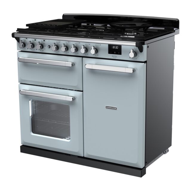 Rangemaster ESDL100DFPMSB/CM1 Estel Deluxe 100cm Dual Fuel Range Cooker, Misty Blue/Chrome