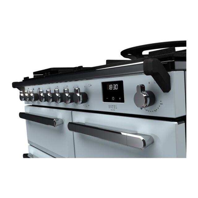 Rangemaster ESDL100DFPMSB/CM1 Estel Deluxe 100cm Dual Fuel Range Cooker, Misty Blue/Chrome