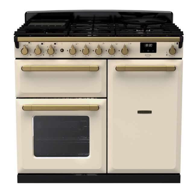Rangemaster ESDL100DFPPCR/AB1 Estel Deluxe 100cm Dual Fuel Range Cooker, Pale Cream/Antique Brass
