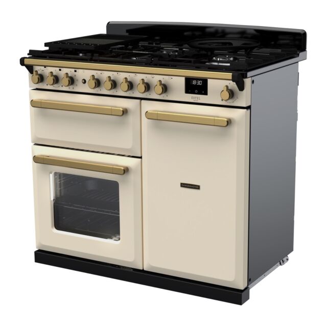 Rangemaster ESDL100DFPPCR/AB1 Estel Deluxe 100cm Dual Fuel Range Cooker, Pale Cream/Antique Brass