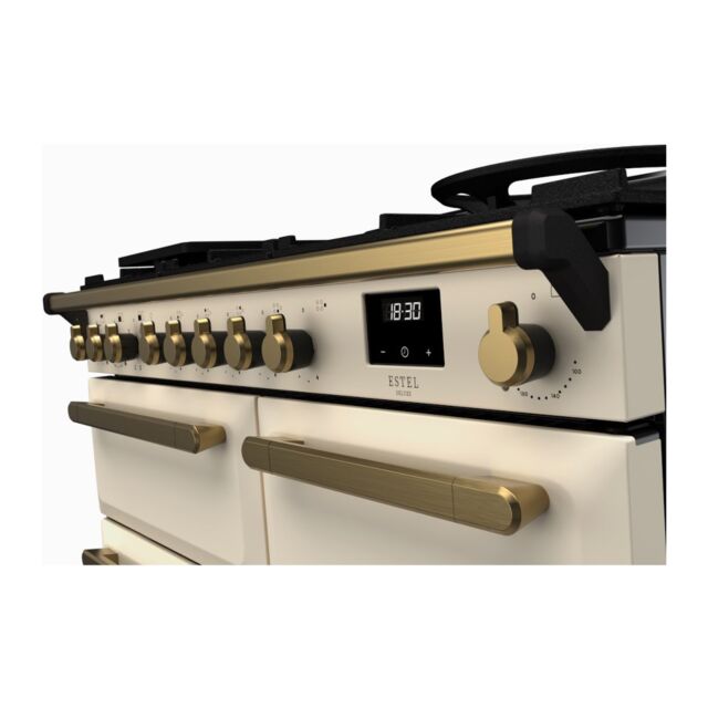 Rangemaster ESDL100DFPPCR/AB1 Estel Deluxe 100cm Dual Fuel Range Cooker, Pale Cream/Antique Brass