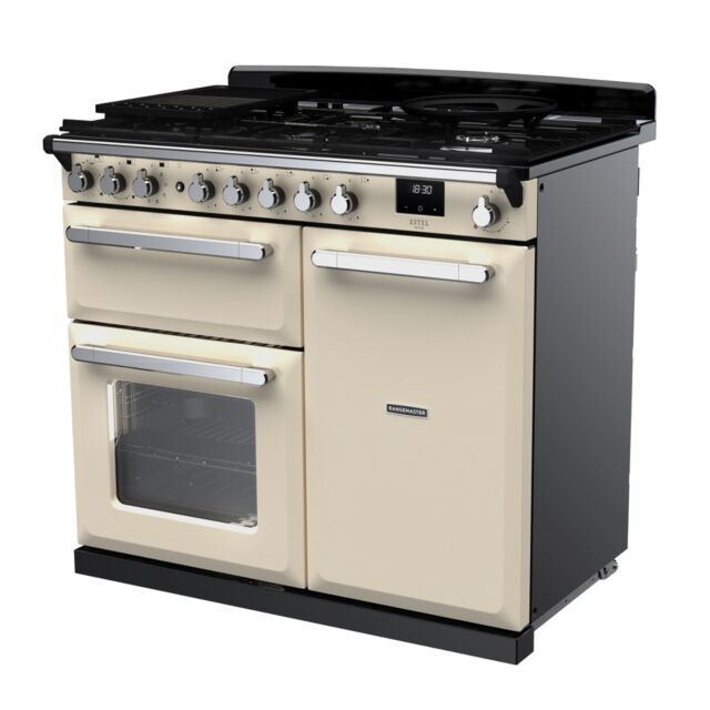 Rangemaster ESDL100DFPPCR/CM1 Estel Deluxe 100cm Dual Fuel Range Cooker, Pale Cream/Chrome