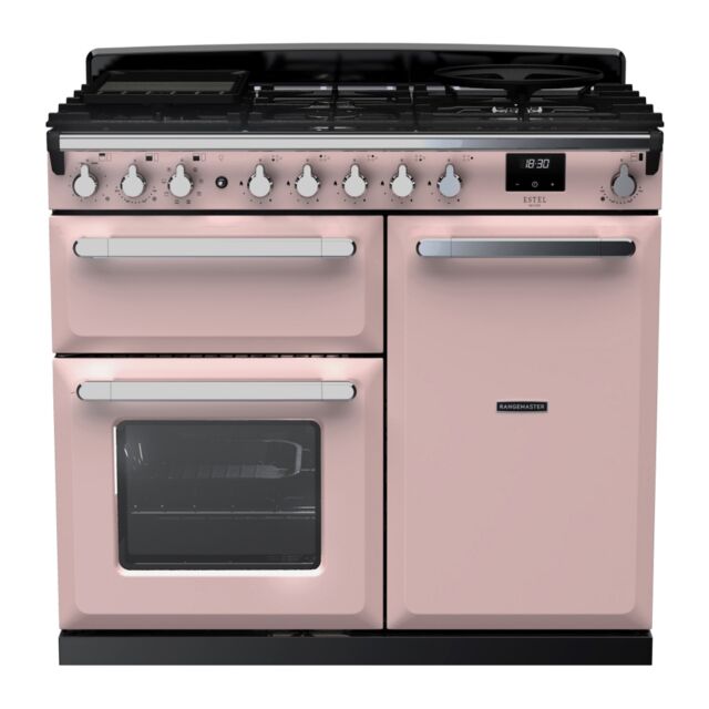 Rangemaster ESDL100DFPPPK/CM1 Estel Deluxe 100cm Dual Fuel Range Cooker, Pale Pink/Chrome
