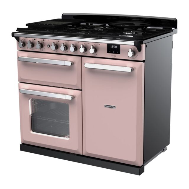 Rangemaster ESDL100DFPPPK/CM1 Estel Deluxe 100cm Dual Fuel Range Cooker, Pale Pink/Chrome
