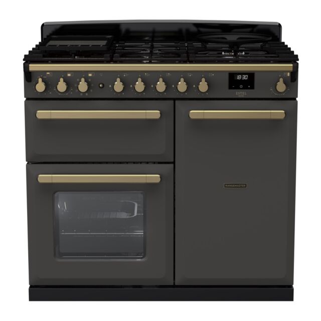 Rangemaster ESDL100DFPSLT/AB1 Estel Deluxe 100cm Dual Fuel Range Cooker, Slate/Antique Brass