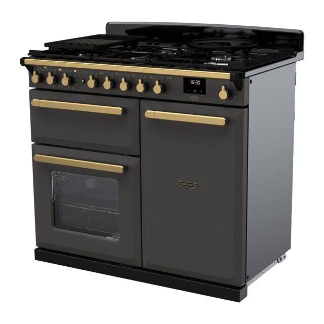 Rangemaster ESDL100DFPSLT/AB1 Estel Deluxe 100cm Dual Fuel Range Cooker, Slate/Antique Brass
