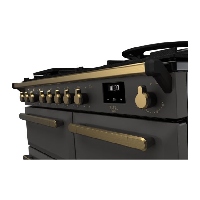 Rangemaster ESDL100DFPSLT/AB1 Estel Deluxe 100cm Dual Fuel Range Cooker, Slate/Antique Brass