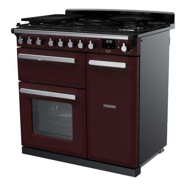 Rangemaster ESDL90DFPBOR/CM1 Estel Deluxe 90cm Dual Fuel Range Cooker, Bordeaux/Chrome
