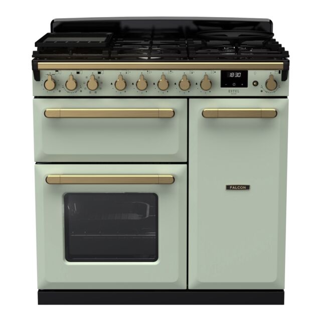 Rangemaster ESDL90DFPMNT/AB1 Estel Deluxe 90cm Dual Fuel Range Cooker, Mint/Antique Brass