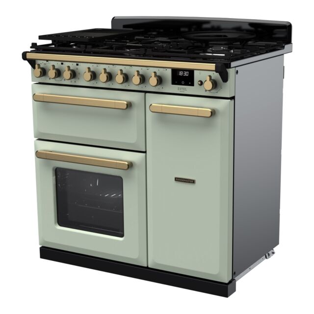 Rangemaster ESDL90DFPMNT/AB1 Estel Deluxe 90cm Dual Fuel Range Cooker, Mint/Antique Brass