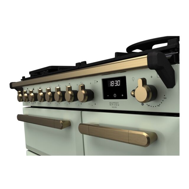 Rangemaster ESDL90DFPMNT/AB1 Estel Deluxe 90cm Dual Fuel Range Cooker, Mint/Antique Brass