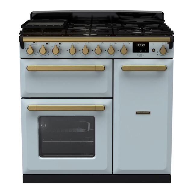 Rangemaster ESDL90DFPMSB/AB1 Estel Deluxe 90cm Dual Fuel Range Cooker, Misty Blue/Antique Brass