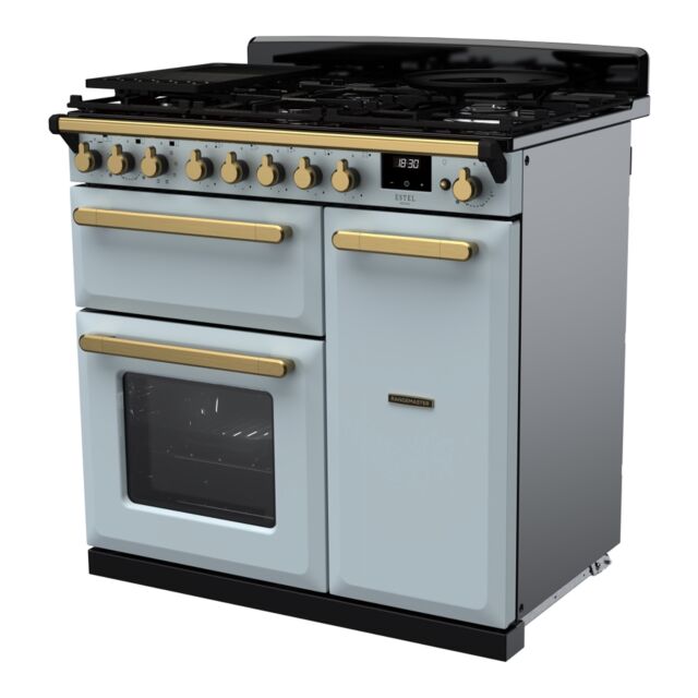 Rangemaster ESDL90DFPMSB/AB1 Estel Deluxe 90cm Dual Fuel Range Cooker, Misty Blue/Antique Brass
