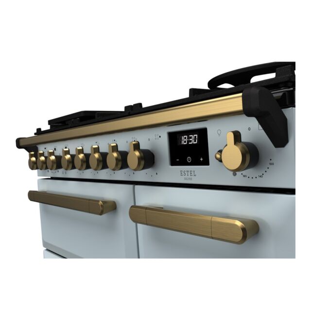 Rangemaster ESDL90DFPMSB/AB1 Estel Deluxe 90cm Dual Fuel Range Cooker, Misty Blue/Antique Brass