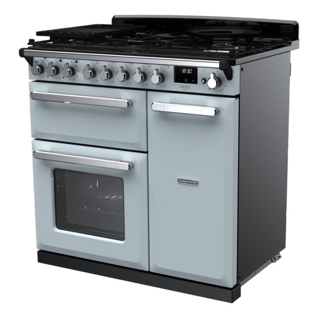 Rangemaster ESDL90DFPMSB/CM1 Estel Deluxe 90cm Dual Fuel Range Cooker, Misty Blue/Chrome