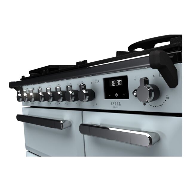 Rangemaster ESDL90DFPMSB/CM1 Estel Deluxe 90cm Dual Fuel Range Cooker, Misty Blue/Chrome