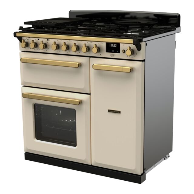 Rangemaster ESDL90DFPPCR/AB1 Estel Deluxe 90cm Dual Fuel Range Cooker, Pale Cream/Antique Brass